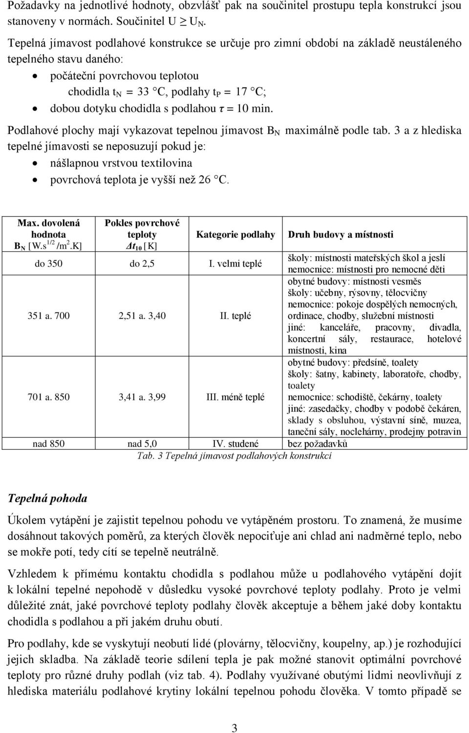 chodidla s podlahou τ = 10 min. Podlahové plochy mají vykazovat tepelnou jímavost B N maximálně podle tab.