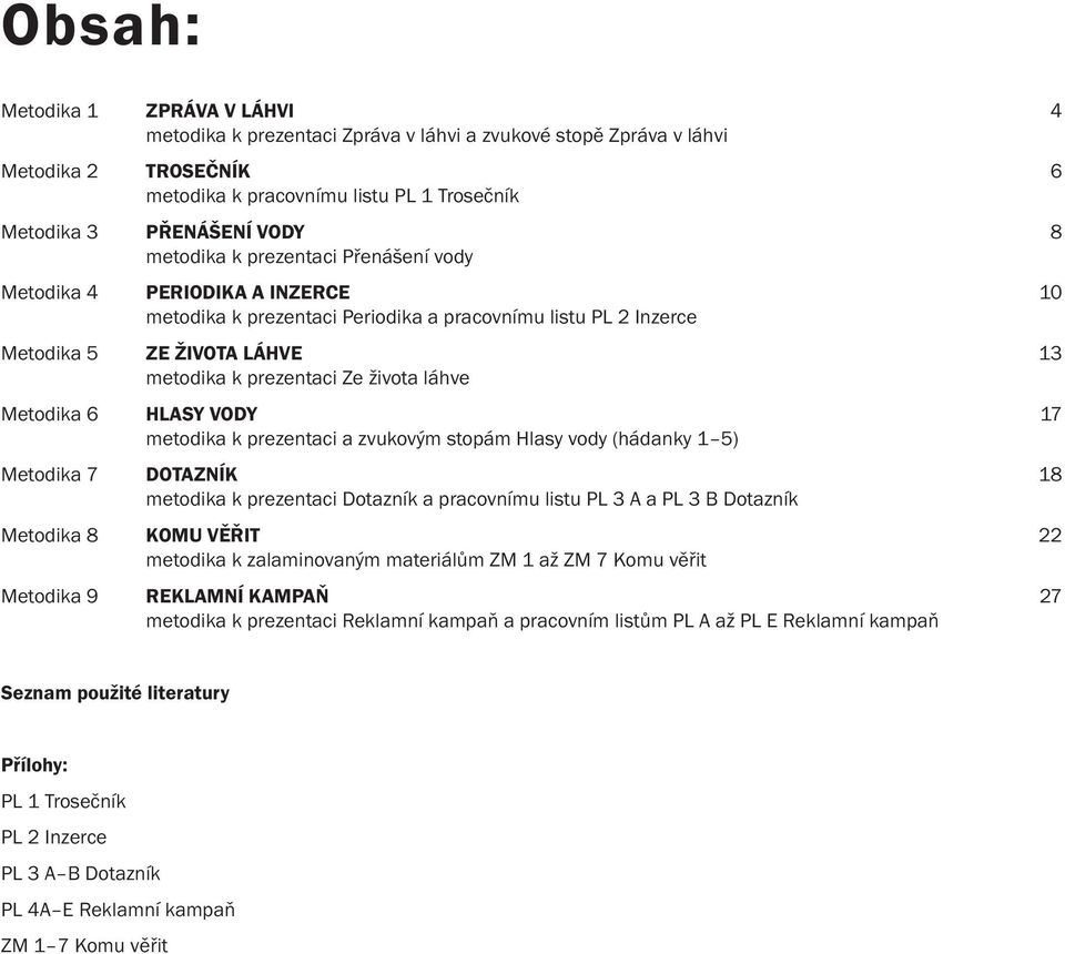 láhve Metodika 6 HLASY VODY 17 metodika k prezentaci a zvukovým stopám Hlasy vody (hádanky 1 5) Metodika 7 DOTAZNÍK 18 metodika k prezentaci Dotazník a pracovnímu listu PL 3 A a PL 3 B Dotazník