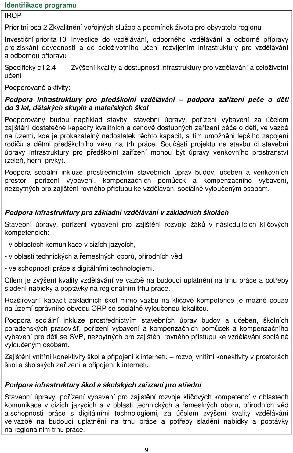 4 učení Podporované aktivity: Zvýšení kvality a dostupnosti infrastruktury pro vzdělávání a celoživotní Podpora infrastruktury pro předškolní vzdělávání podpora zařízení péče o děti do 3 let,