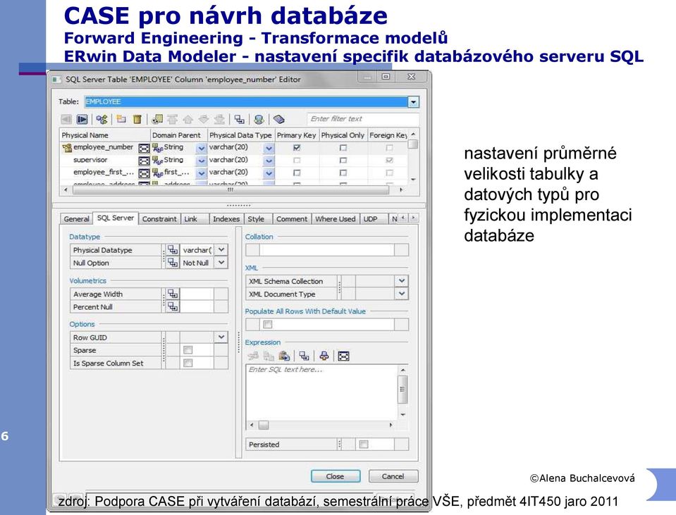 velikosti tabulky a datových typů pro fyzickou implementaci databáze 6