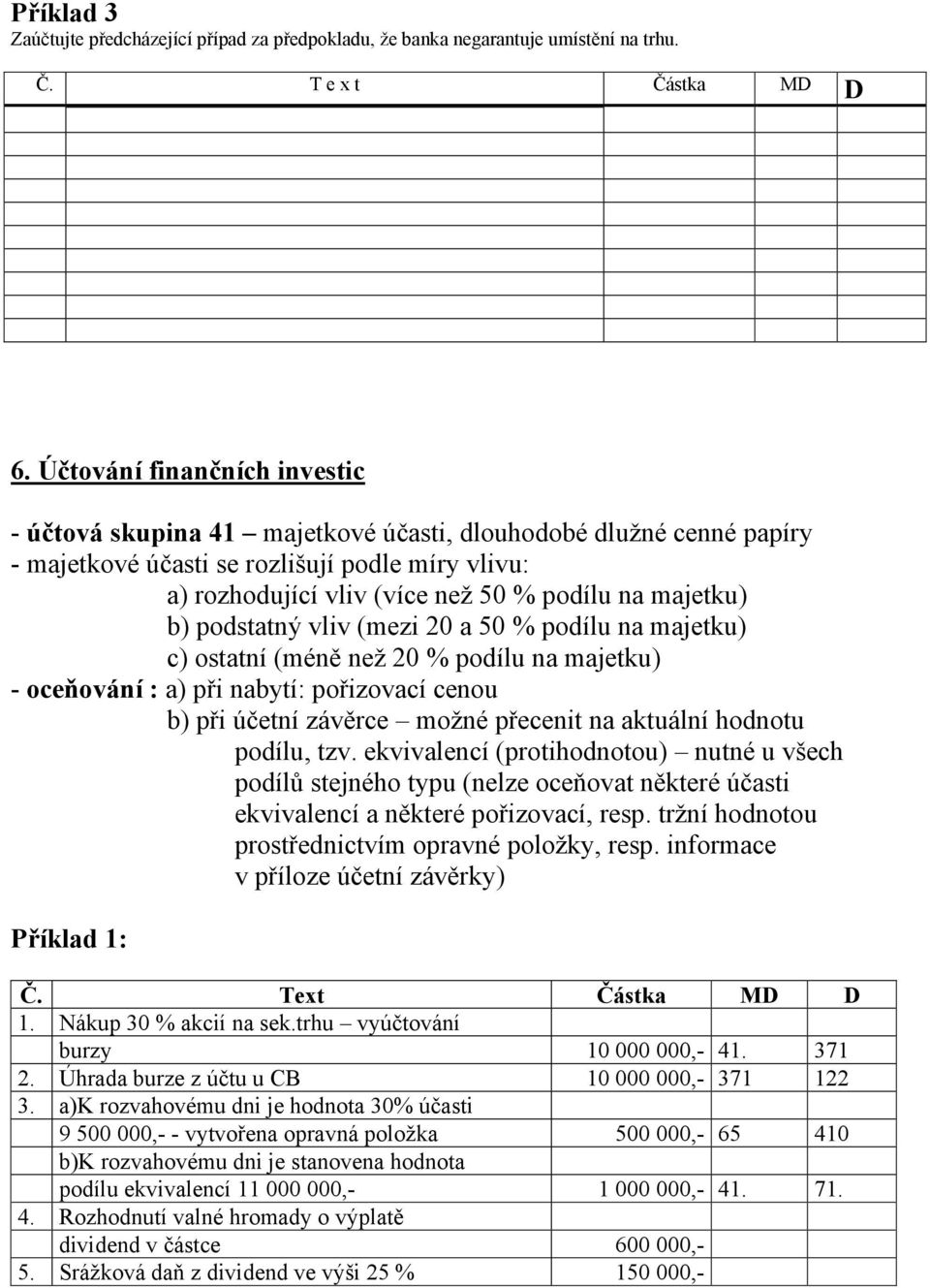 majetku) b) podstatný vliv (mezi 20 a 50 % podílu na majetku) c) ostatní (méně než 20 % podílu na majetku) - oceňování : a) při nabytí: pořizovací cenou b) při účetní závěrce možné přecenit na