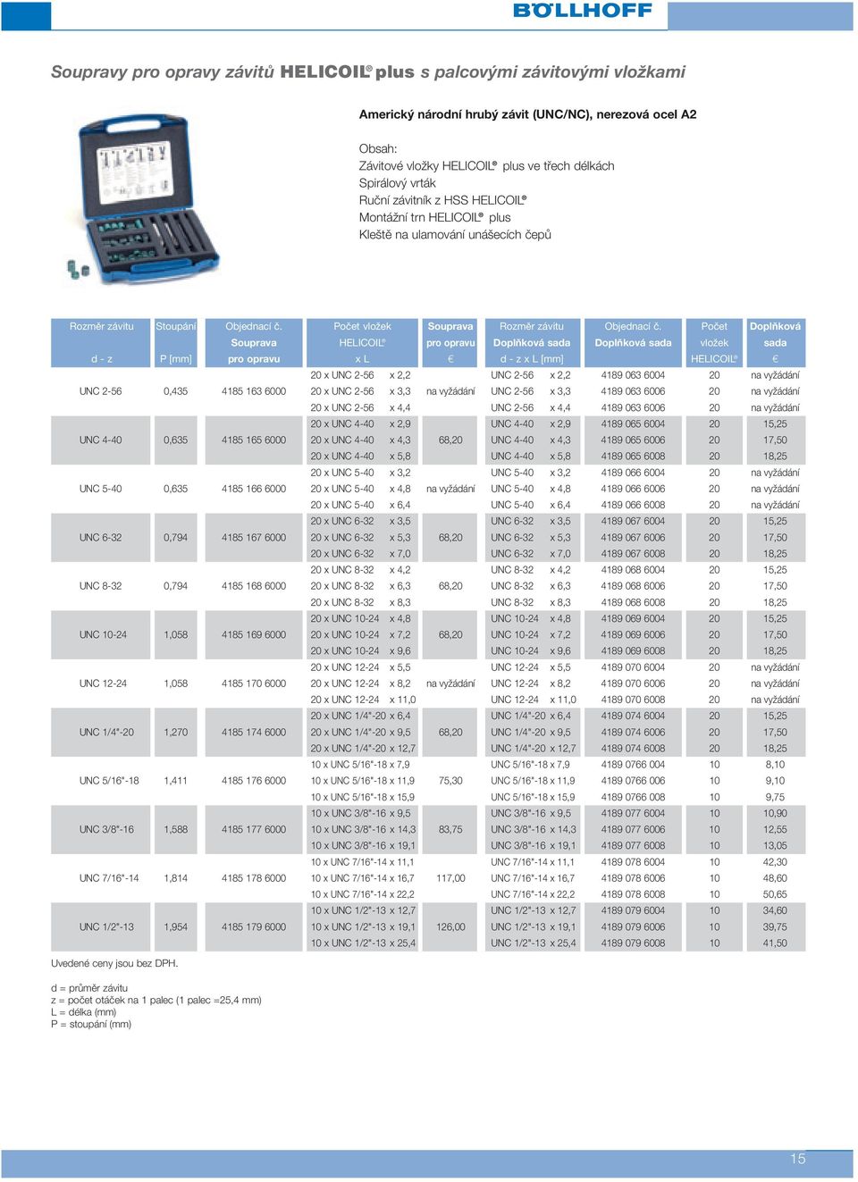 Počet Doplňková Souprava HELICOIL pro opravu Doplňková sada Doplňková sada vložek sada d - z P [mm] pro opravu x L c d - z x L [mm] HELICOIL c 20 x UNC 2-56 x 2,2 UNC 2-56 x 2,2 4189 063 6004 20 na