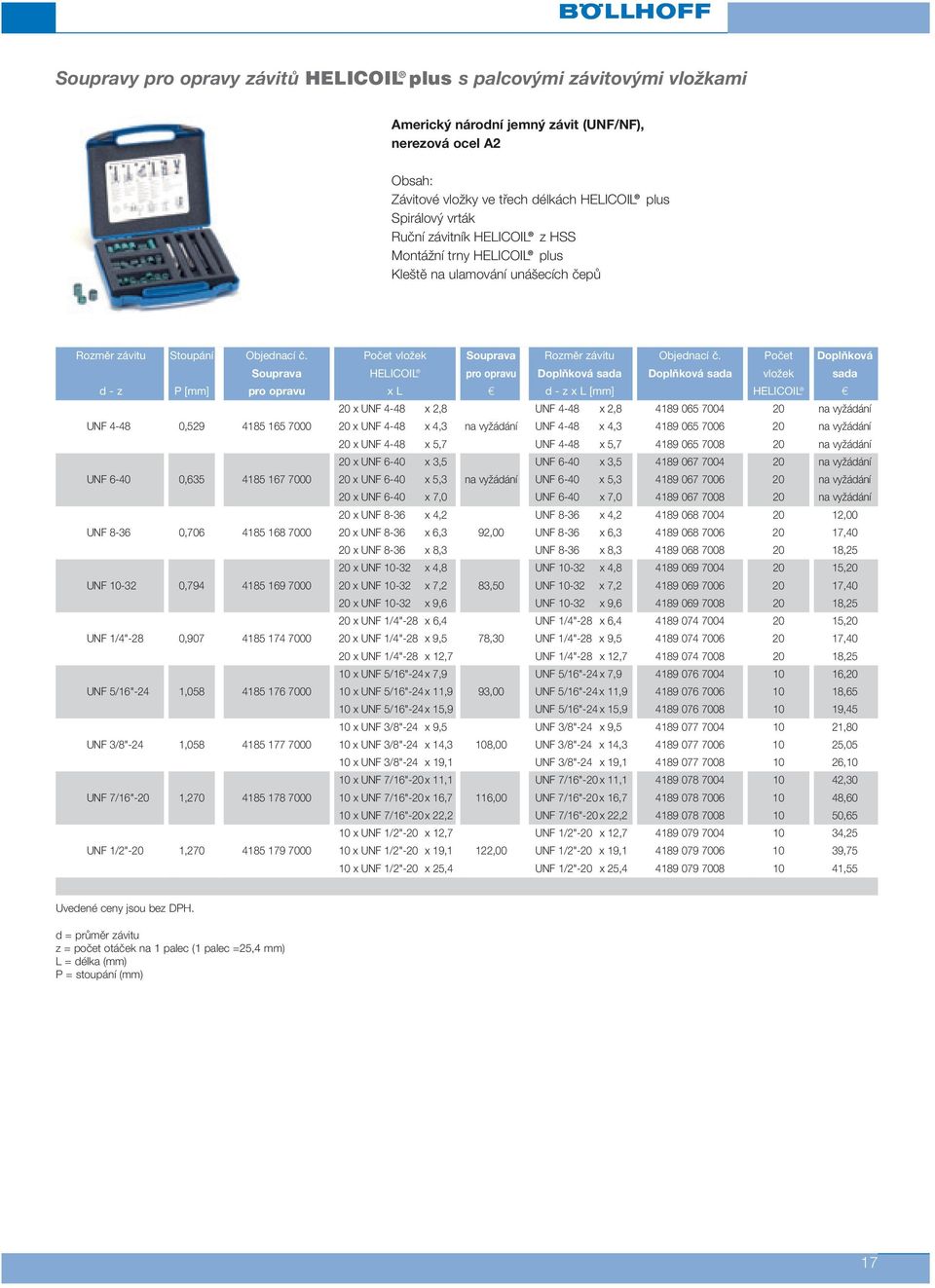 Počet Doplňková Souprava HELICOIL pro opravu Doplňková sada Doplňková sada vložek sada d - z P [mm] pro opravu x L c d - z x L [mm] HELICOIL c 20 x UNF 4-48 x 2,8 UNF 4-48 x 2,8 4189 065 7004 20 na