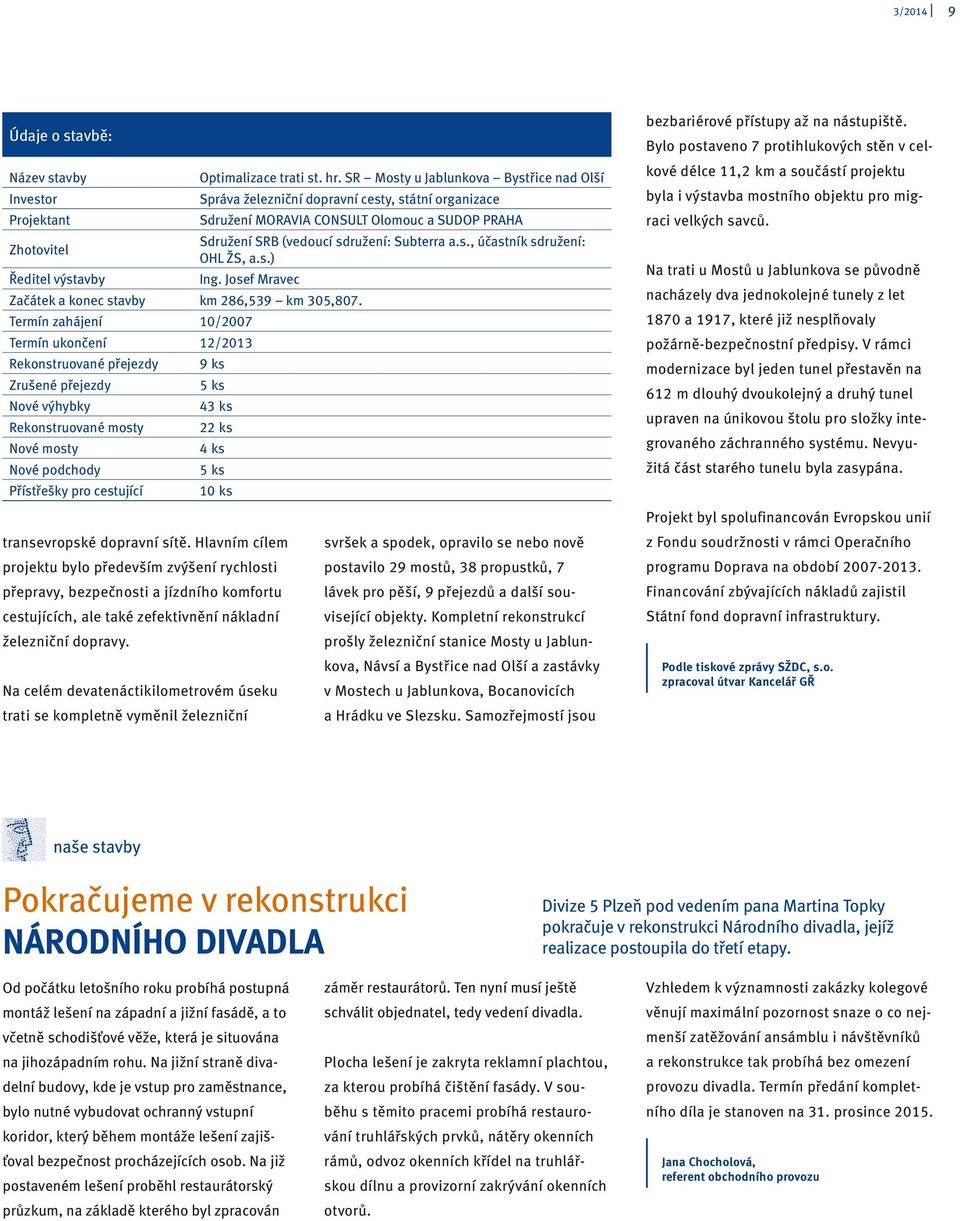 sdružení: Subterra a.s., účastník sdružení: OHL ŽS, a.s.) Ředitel výstavby Ing. Josef Mravec Začátek a konec stavby km 286,539 km 305,807.