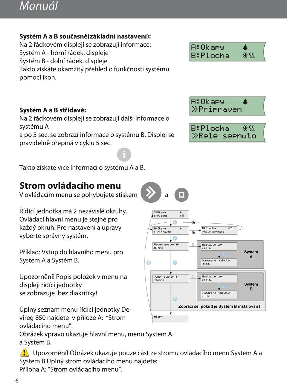 se zobrazí informace o systému B. Displej se pravidelně přepíná v cyklu 5 sec. A:Okapy >>Pripraven B:Plocha >>Rele sepnuto Takto získáte více informací o systému A a B.