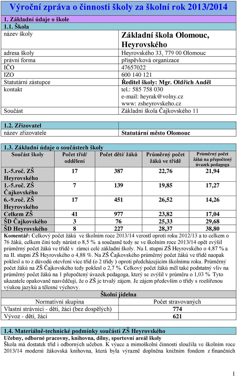 Statutární zástupce Ředitel školy: Mgr. Oldřich Anděl kontakt tel.: 585 758 030 e-mail: heyrak@volny.cz www: zsheyrovskeho.cz Součást Základní škola Čajkovského 11 1.2.