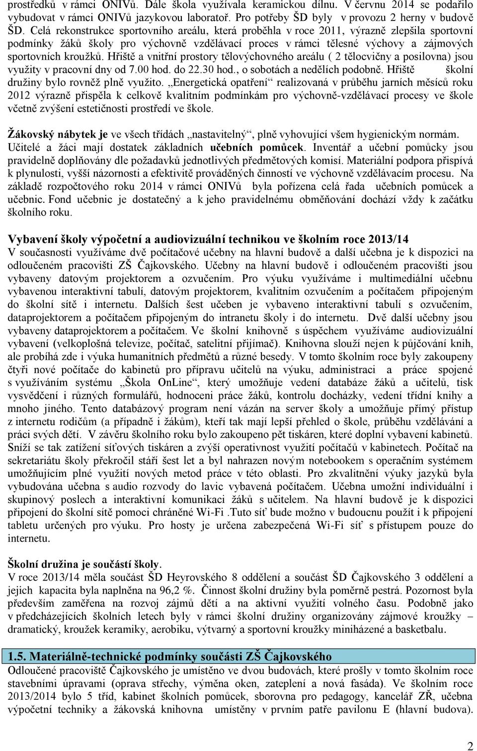 Hřiště a vnitřní prostory tělovýchovného areálu ( 2 tělocvičny a posilovna) jsou využity v pracovní dny od 7.00 hod. do 22.30 hod., o sobotách a nedělích podobně.