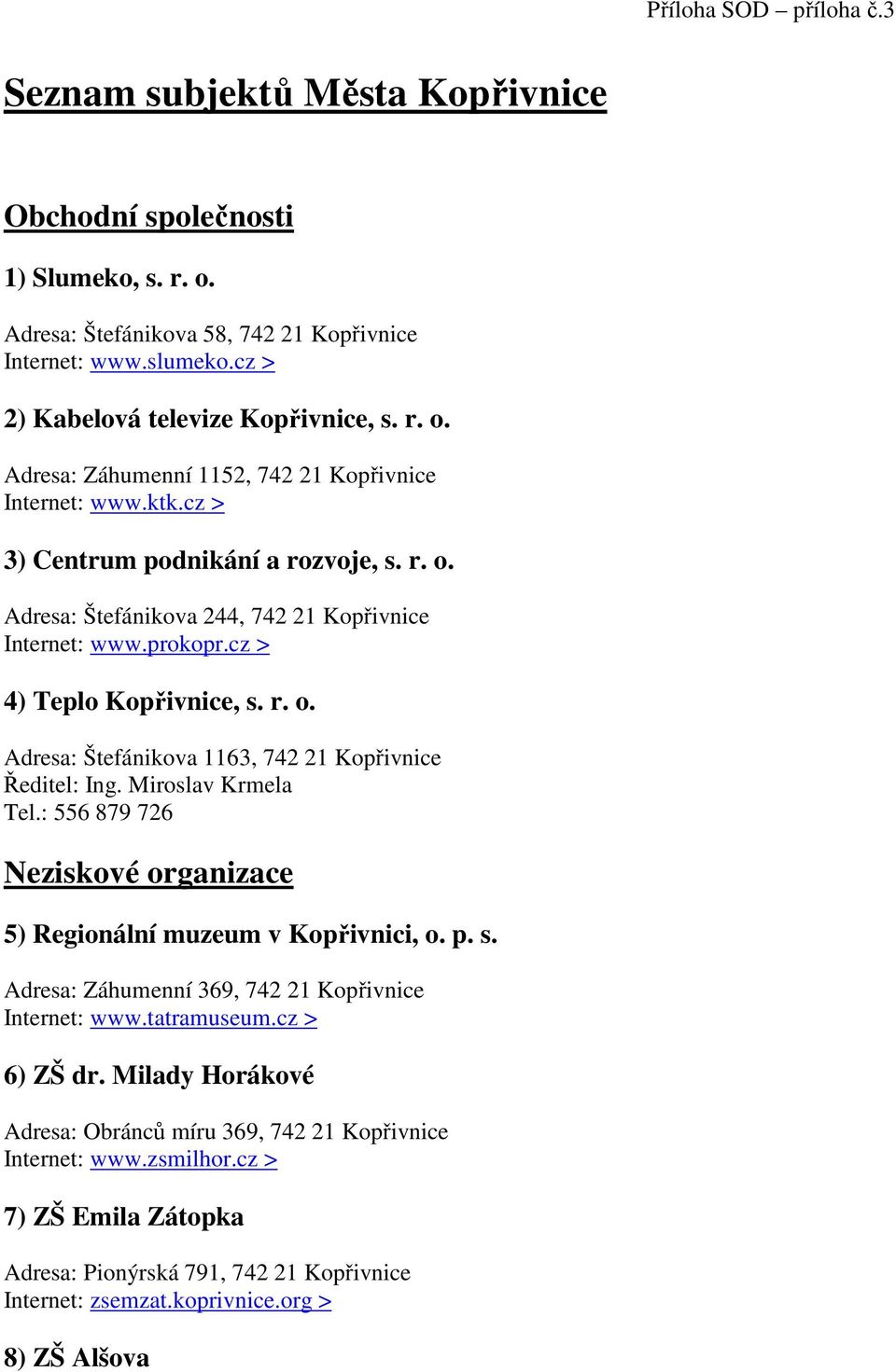 prokopr.cz > 4) Teplo Kopřivnice, s. r. o. Adresa: Štefánikova 1163, 742 21 Kopřivnice Ředitel: Ing. Miroslav Krmela Tel.: 556 879 726 Neziskové organizace 5) Regionální muzeum v Kopřivnici, o. p. s. Adresa: Záhumenní 369, 742 21 Kopřivnice Internet: www.