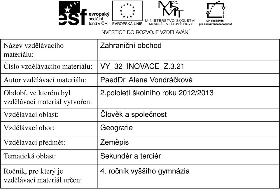 pro který je vzdělávací materiál určen: Zahraniční obchod VY_32_INOVACE_Z.3.21 PaedDr. Alena Vondráčková 2.