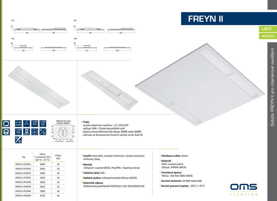 2800 26 FREYN II PV/PR4 3050 26 FREYN II PV/PR4 3900 36 FREYN II PV/PR4 4250 36 I Využití: kanceláře, zasedací místnosti, výstavní prostory, knihovny, školy I Montáž Uchycení: vsazené (RCD), PVx/PRx