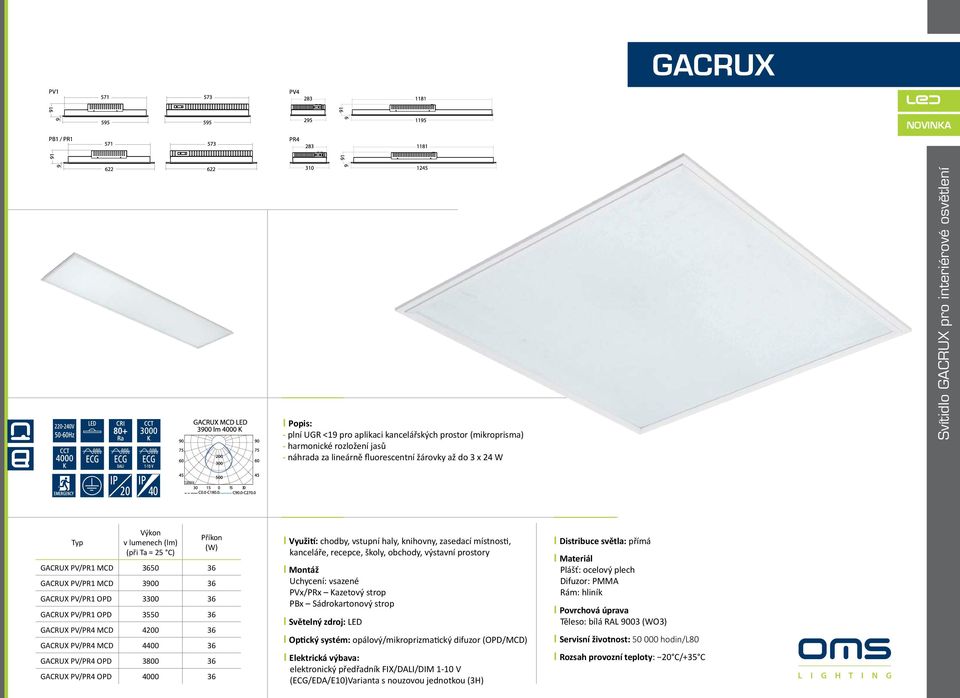 GACRUX PV/PR4 OPD 3800 36 GACRUX PV/PR4 OPD 4000 36 I Využití: chodby, vstupní haly, knihovny, zasedací místnosti, kanceláře, recepce, školy, obchody, výstavní prostory I Montáž Uchycení: vsazené