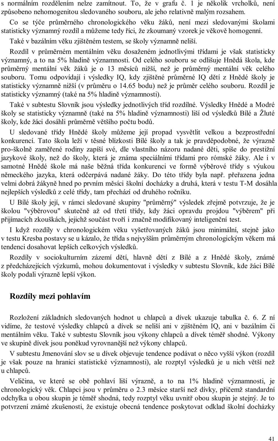 Také v bazálním věku zjištěném testem, se školy významně neliší. Rozdíl v průměrném mentálním věku dosaženém jednotlivými třídami je však statisticky významný, a to na 5% hladině významnosti.