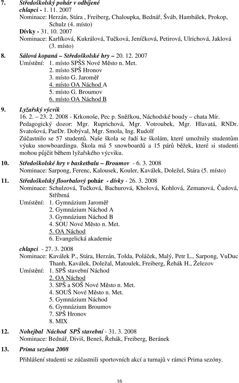 místo G. Jaroměř 4. místo OA Náchod A 5. místo G. Broumov 6. místo OA Náchod B 9. Lyžařský výcvik 16. 2. 23. 2. 2008 - Krkonoše, Pec p. Sněžkou, Náchodské boudy chata Mír. Pedagogický dozor: Mgr.