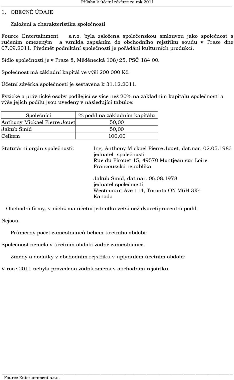 Účetní závěrka společnosti je sestavena k 31.12.211.