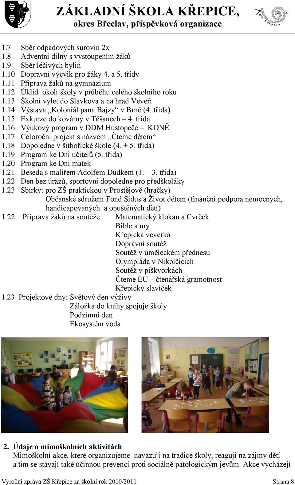 16 Výukový program v DDM Hustopeče KONĚ 1.17 Celoroční projekt s názvem Čteme dětem 1.18 Dopoledne v šitbořické škole (4. + 5. třída) 1.19 Program ke Dni učitelů (5. třída) 1.20 Program ke Dni matek 1.