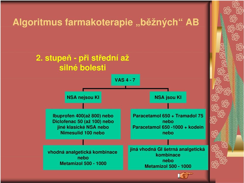 Diclofenac 50 (až 100) nebo jiné klasické NSA nebo Nimesulid 100 nebo Paracetamol 650 + Tramadol 75