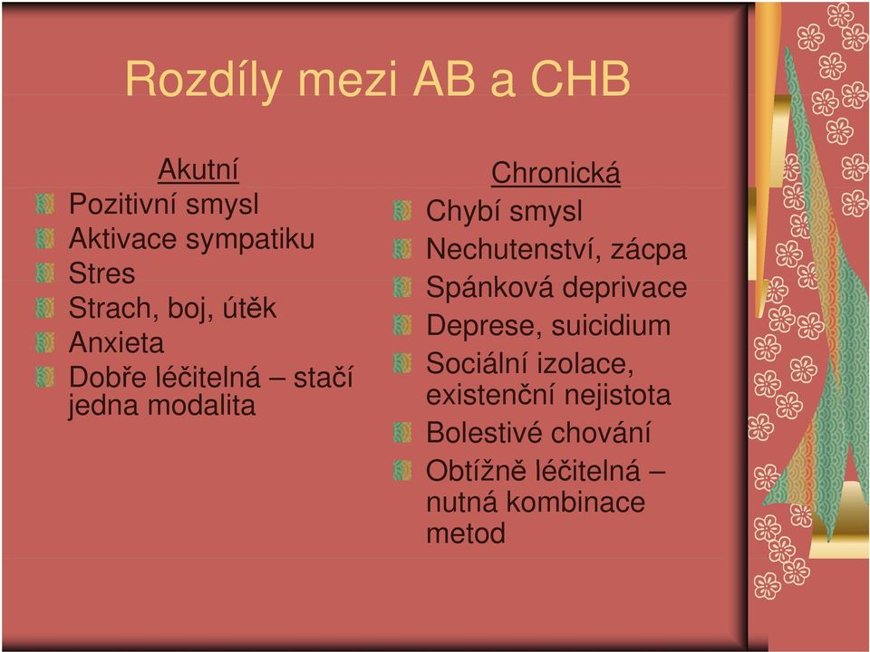 Nechutenství, zácpa Spánková á deprivace Deprese, suicidium Sociální izolace,