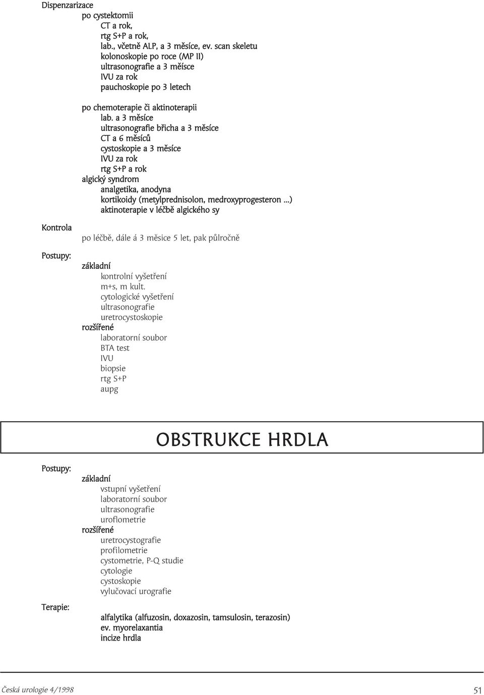 a 3 měsíce břicha a 3 měsíce CT a 6 měsíců cystoskopie a 3 měsíce IVU za rok rtg S+P a rok algický syndrom analgetika, anodyna kortikoidy (metylprednisolon, medroxyprogesteron.