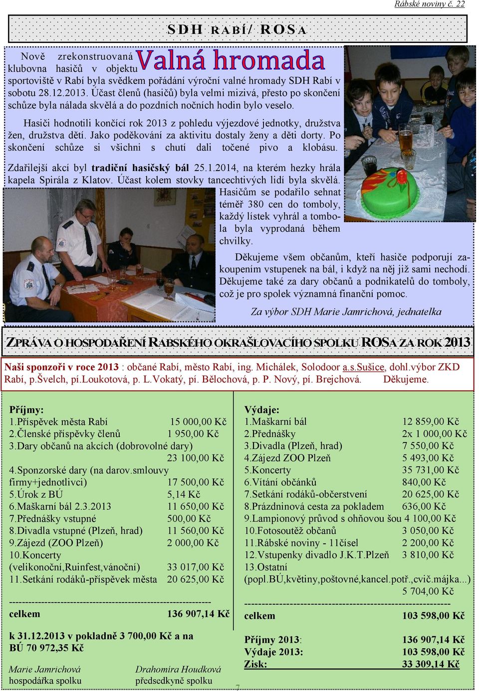 Hasiči hodnotili končící rok 2013 z pohledu výjezdové jednotky, družstva žen, družstva dětí. Jako poděkování za aktivitu dostaly ženy a děti dorty.