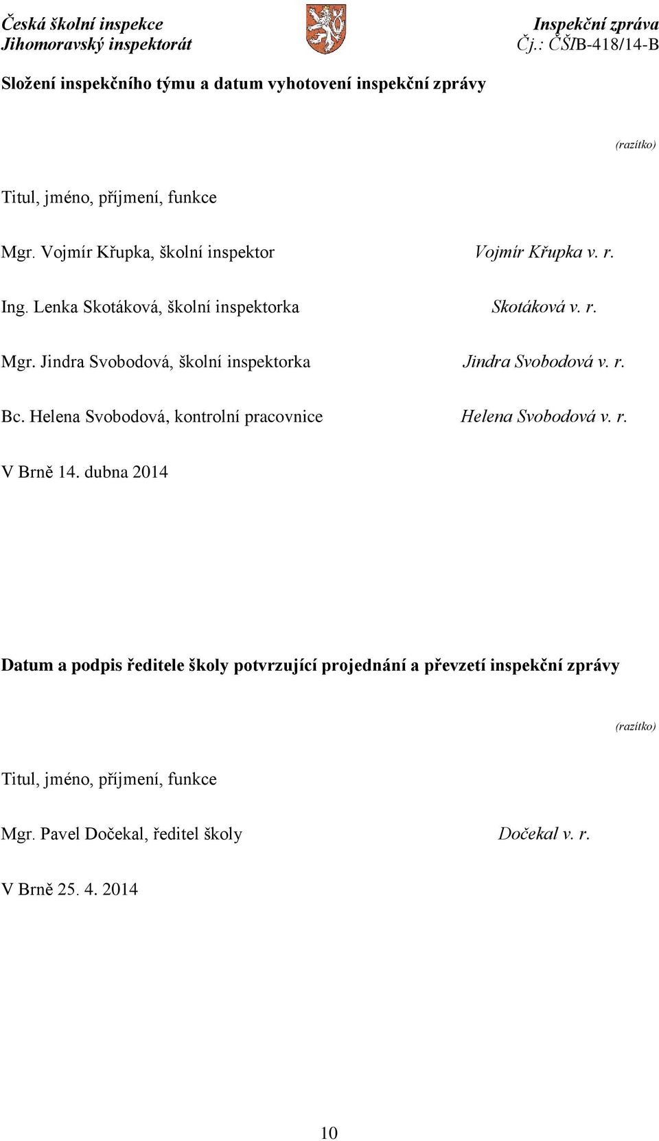 Jindra Svobodová, školní inspektorka Jindra Svobodová v. r. Bc. Helena Svobodová, kontrolní pracovnice Helena Svobodová v. r. V Brně 14.