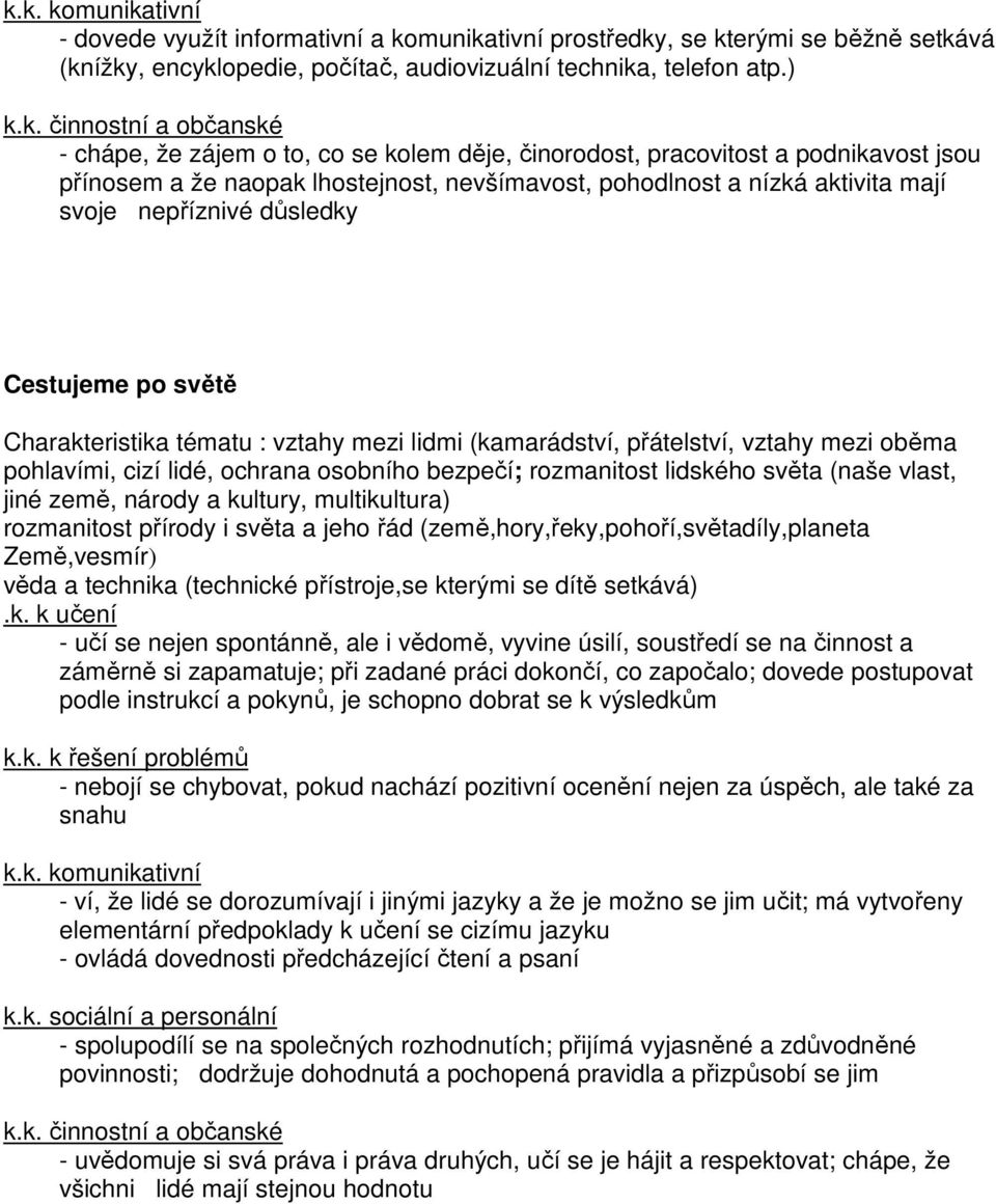 Cestujeme po světě Charakteristika tématu : vztahy mezi lidmi (kamarádství, přátelství, vztahy mezi oběma pohlavími, cizí lidé, ochrana osobního bezpečí; rozmanitost lidského světa (naše vlast, jiné