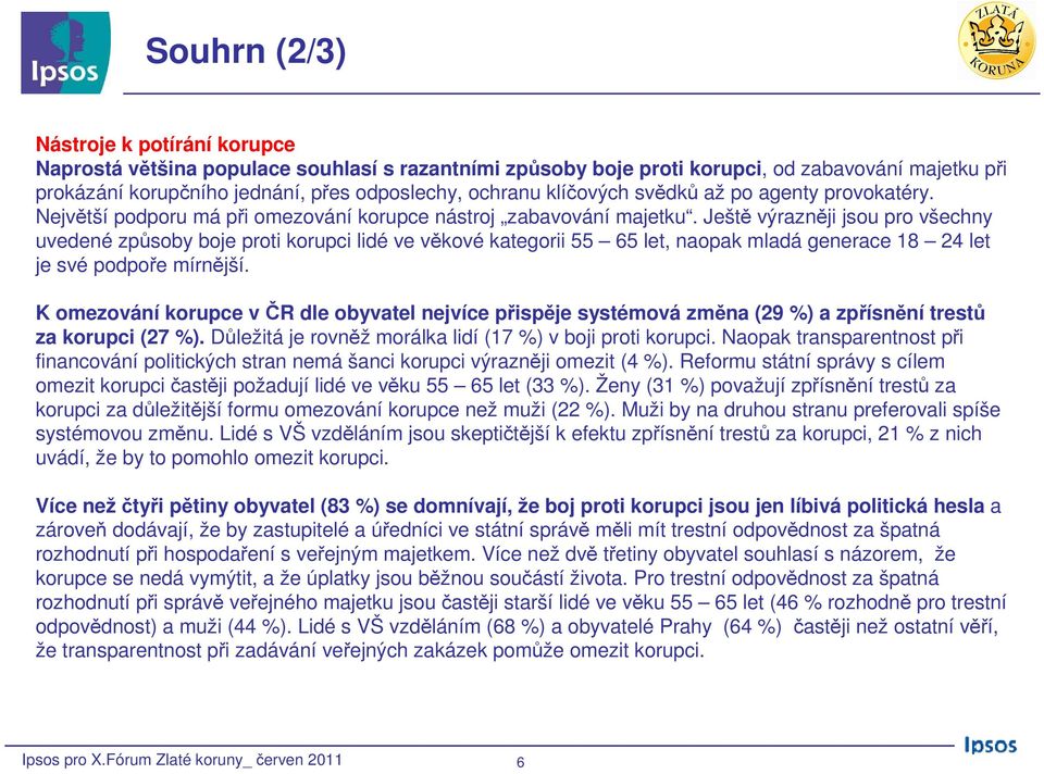 Ještě výrazněji jsou pro všechny uvedené způsoby boje proti korupci lidé ve věkové kategorii 55 65 let, naopak mladá generace 18 24 let je své podpoře mírnější.