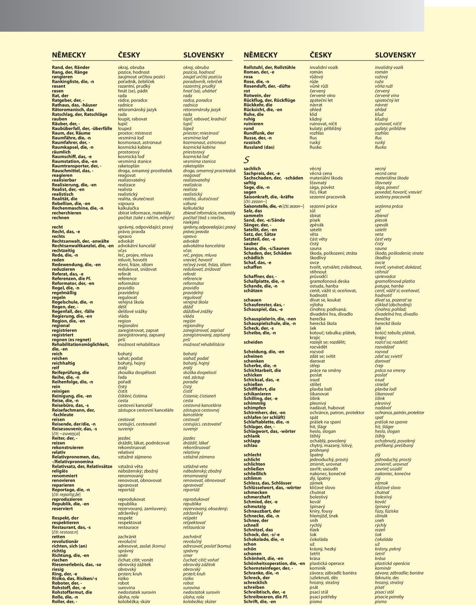 radnica Rätoromanisch, das rétorománský jazyk retorománsky jazyk Ratschlag, der, Ratschläge rada rada rauben loupit, rabovat lúpiť, rabovať, kradnúť Räuber, der, - lupič lupič Raubüberfall, der,