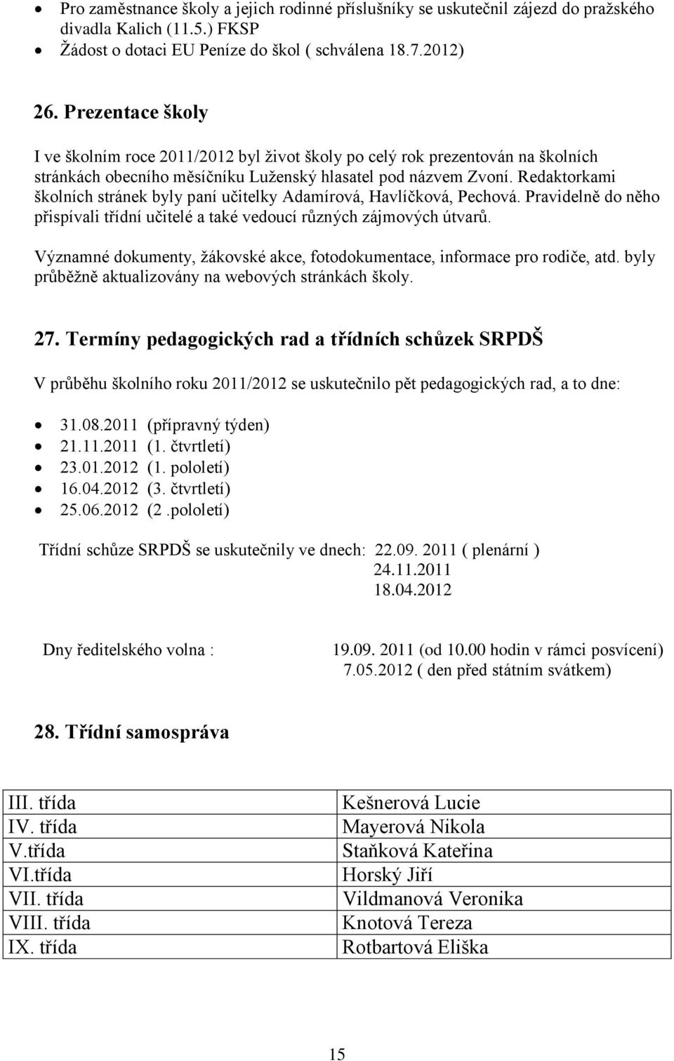 Redaktorkami školních stránek byly paní učitelky Adamírová, Havlíčková, Pechová. Pravidelně do něho přispívali třídní učitelé a také vedoucí různých zájmových útvarů.