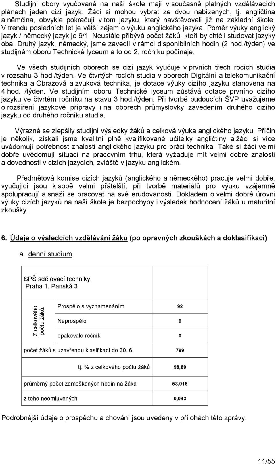 Poměr výuky anglický jazyk / německý jazyk je 9/1. Neustále přibývá počet žáků, kteří by chtěli studovat jazyky oba. Druhý jazyk, německý, jsme zavedli v rámci disponibilních hodin (2 hod.