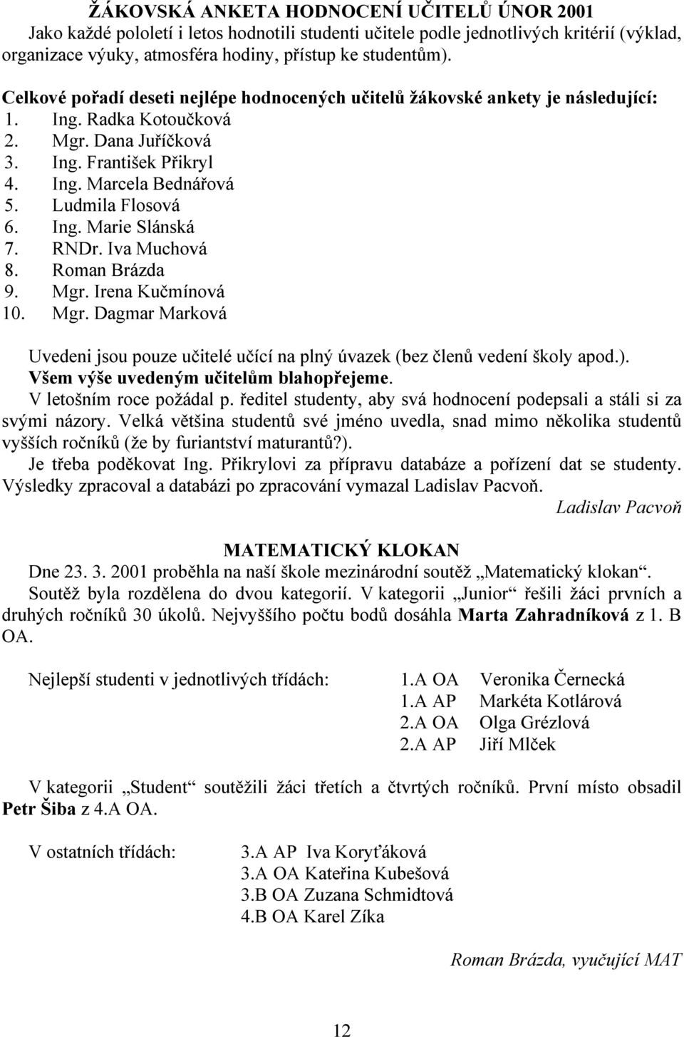 Ludmila Flosová 6. Ing. Marie Slánská 7. RNDr. Iva Muchová 8. Roman Brázda 9. Mgr. Irena Kučmínová 10. Mgr. Dagmar Marková Uvedeni jsou pouze učitelé učící na plný úvazek (bez členů vedení školy apod.