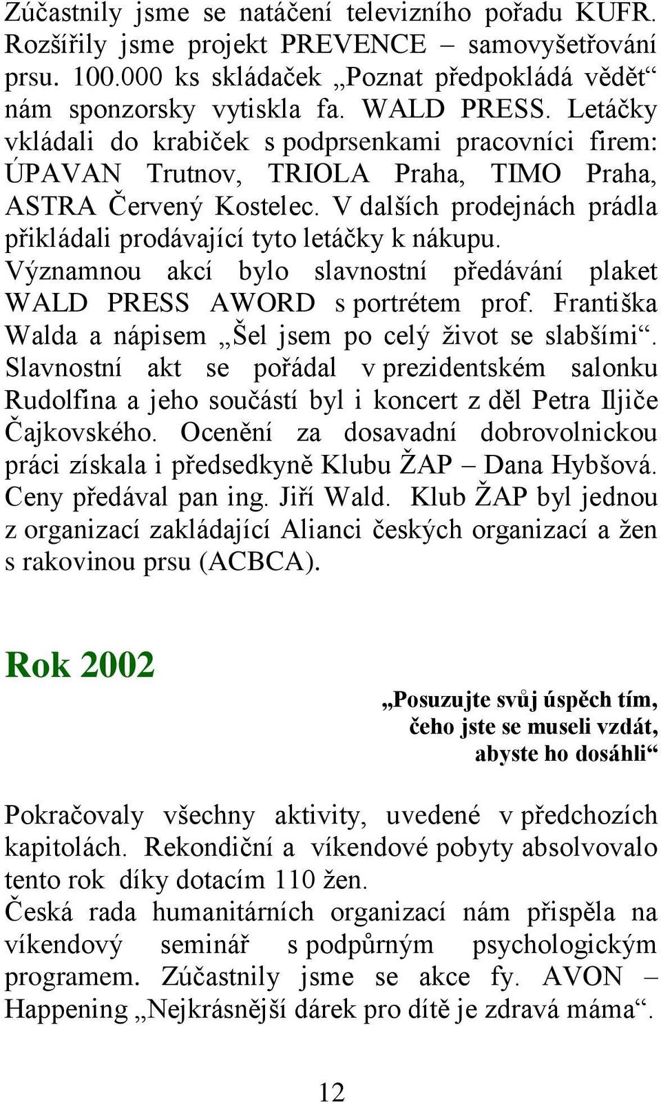 V dalších prodejnách prádla přikládali prodávající tyto letáčky k nákupu. Významnou akcí bylo slavnostní předávání plaket WALD PRESS AWORD s portrétem prof.