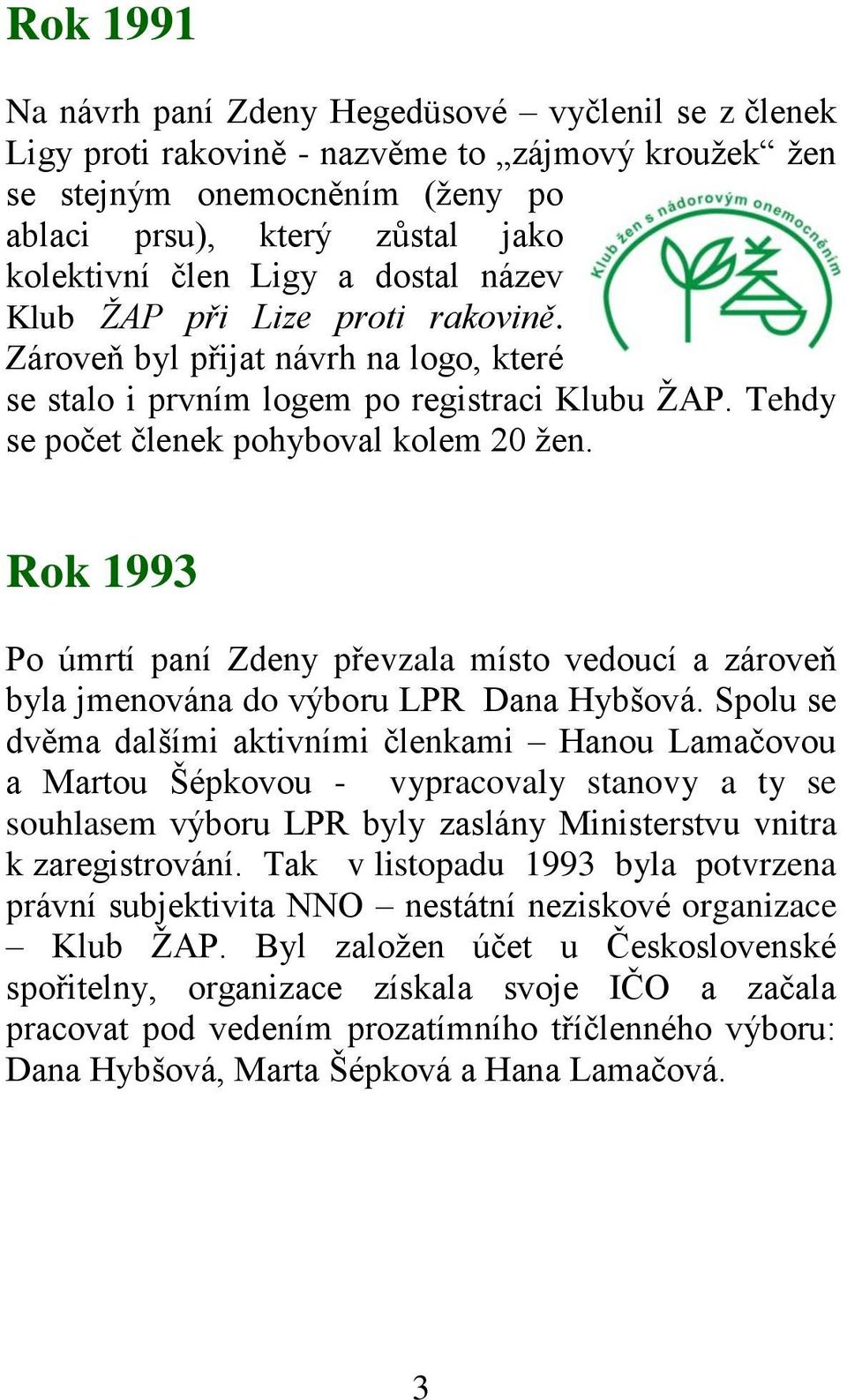 Rok 1993 Po úmrtí paní Zdeny převzala místo vedoucí a zároveň byla jmenována do výboru LPR Dana Hybšová.