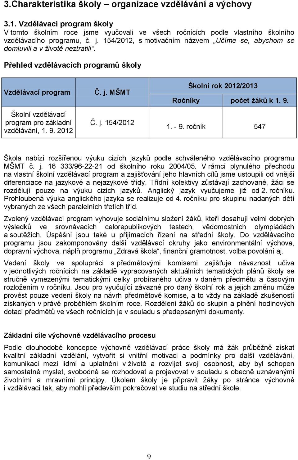 ročník 547 Škola nabízí rozšířenou výuku cizích jazyků podle schváleného vzdělávacího programu MŠMT č. j. 16 333/96-22-21 od školního roku 2004/05.