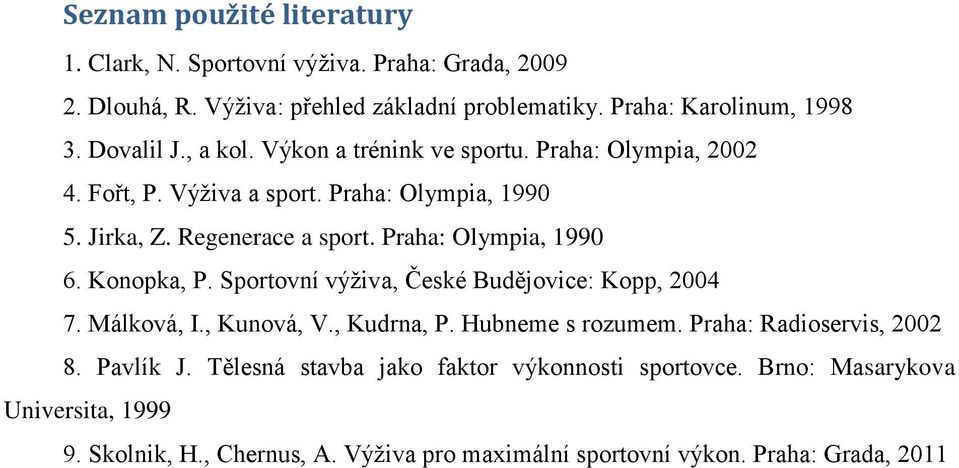 Praha: Olympia, 1990 6. Konopka, P. Sportovní výživa, České Budějovice: Kopp, 2004 7. Málková, I., Kunová, V., Kudrna, P. Hubneme s rozumem.