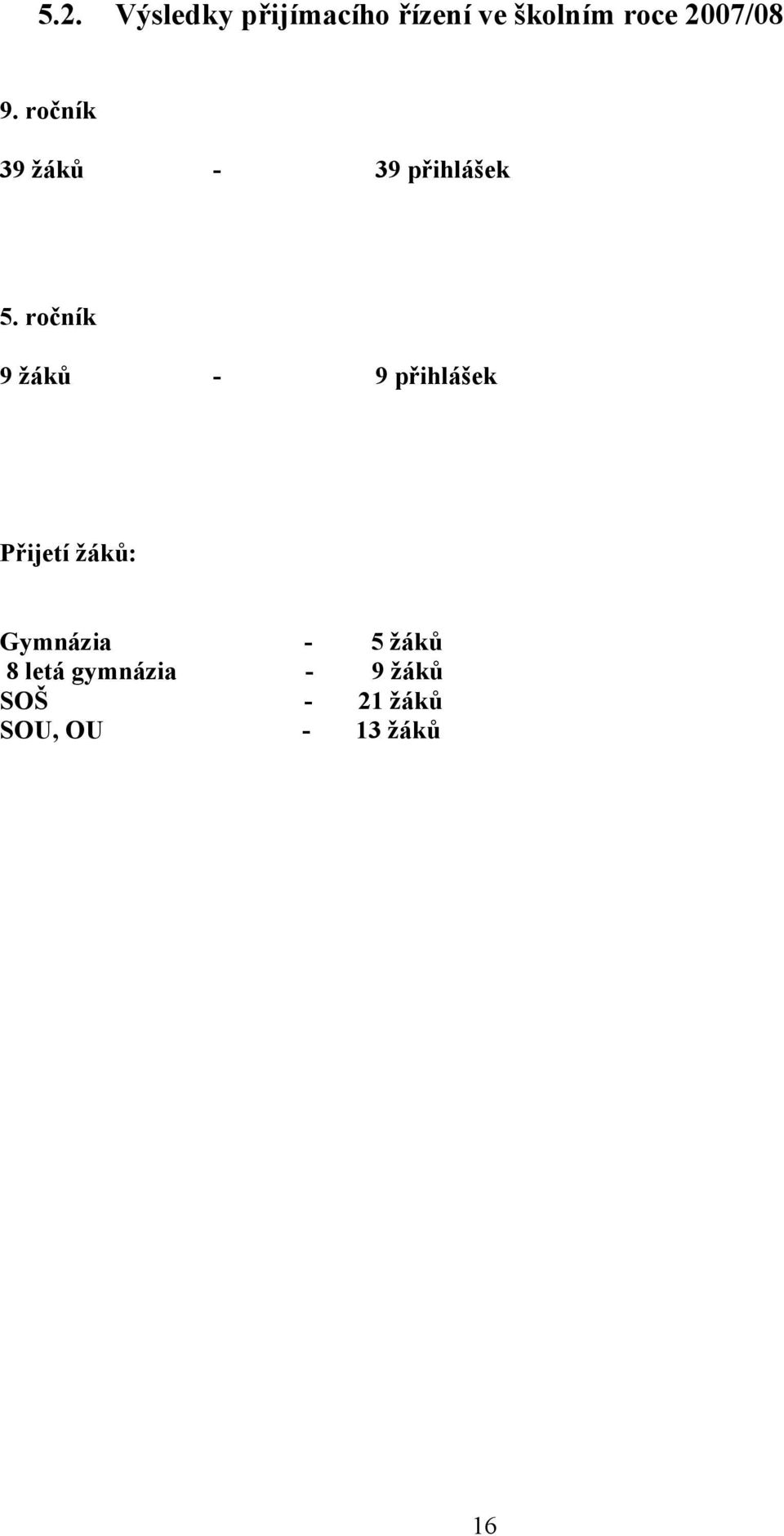 ročník 9 žáků - 9 přihlášek Přijetí žáků: Gymnázia -