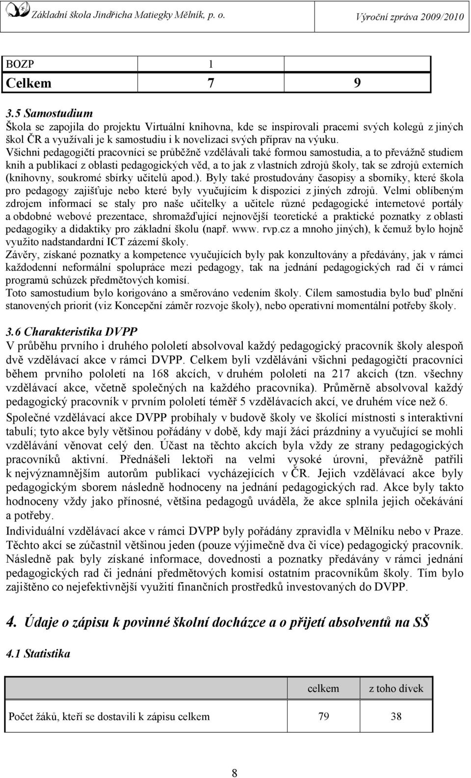 Všichni pedagogičtí pracovníci se průběžně vzdělávali také formou samostudia, a to převážně studiem knih a publikací z oblasti pedagogických věd, a to jak z vlastních zdrojů školy, tak se zdrojů