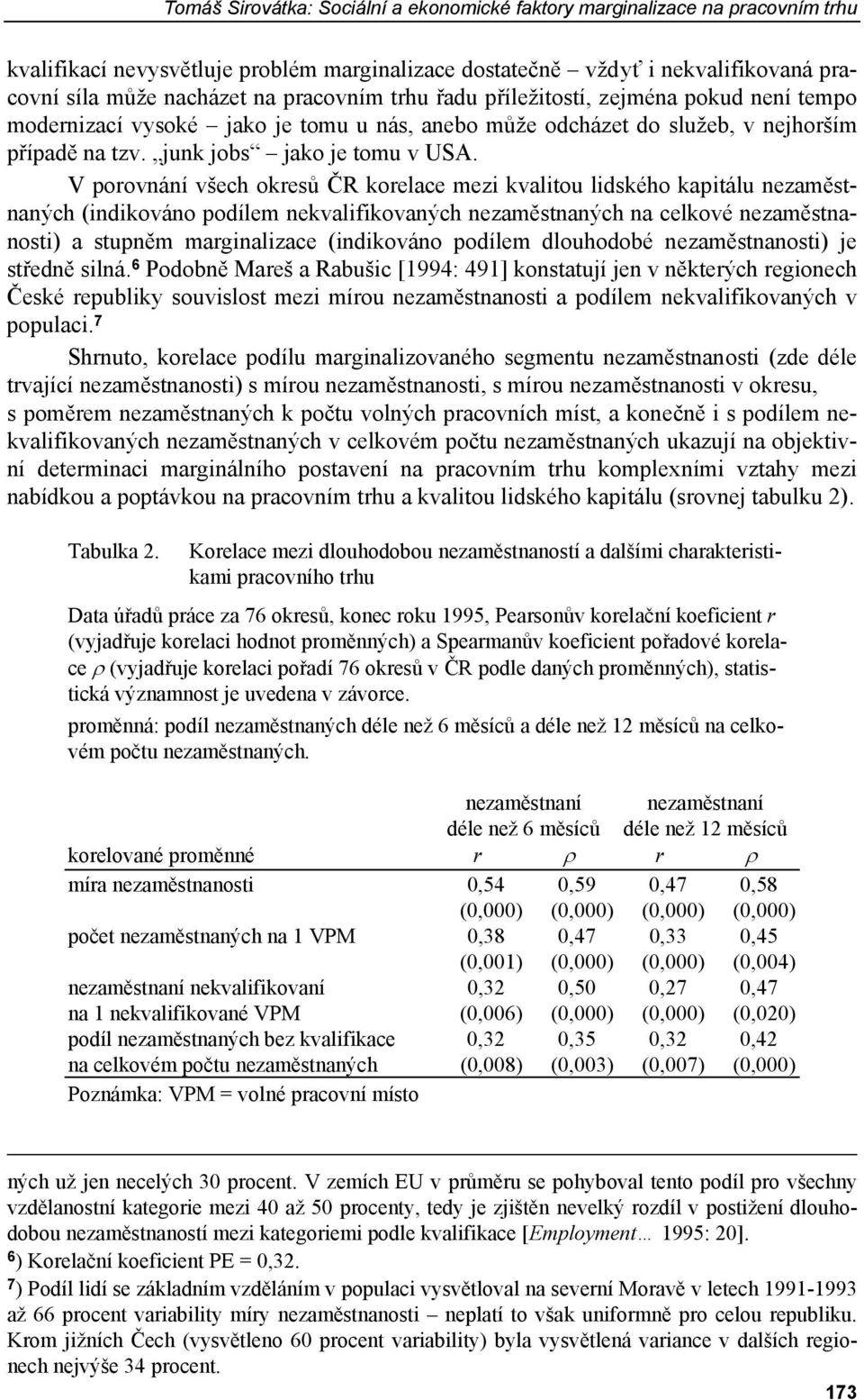 V porovnání všech okresů ČR korelace mezi kvalitou lidského kapitálu nezaměstnaných (indikováno podílem nekvalifikovaných nezaměstnaných na celkové nezaměstnanosti) a stupněm marginalizace