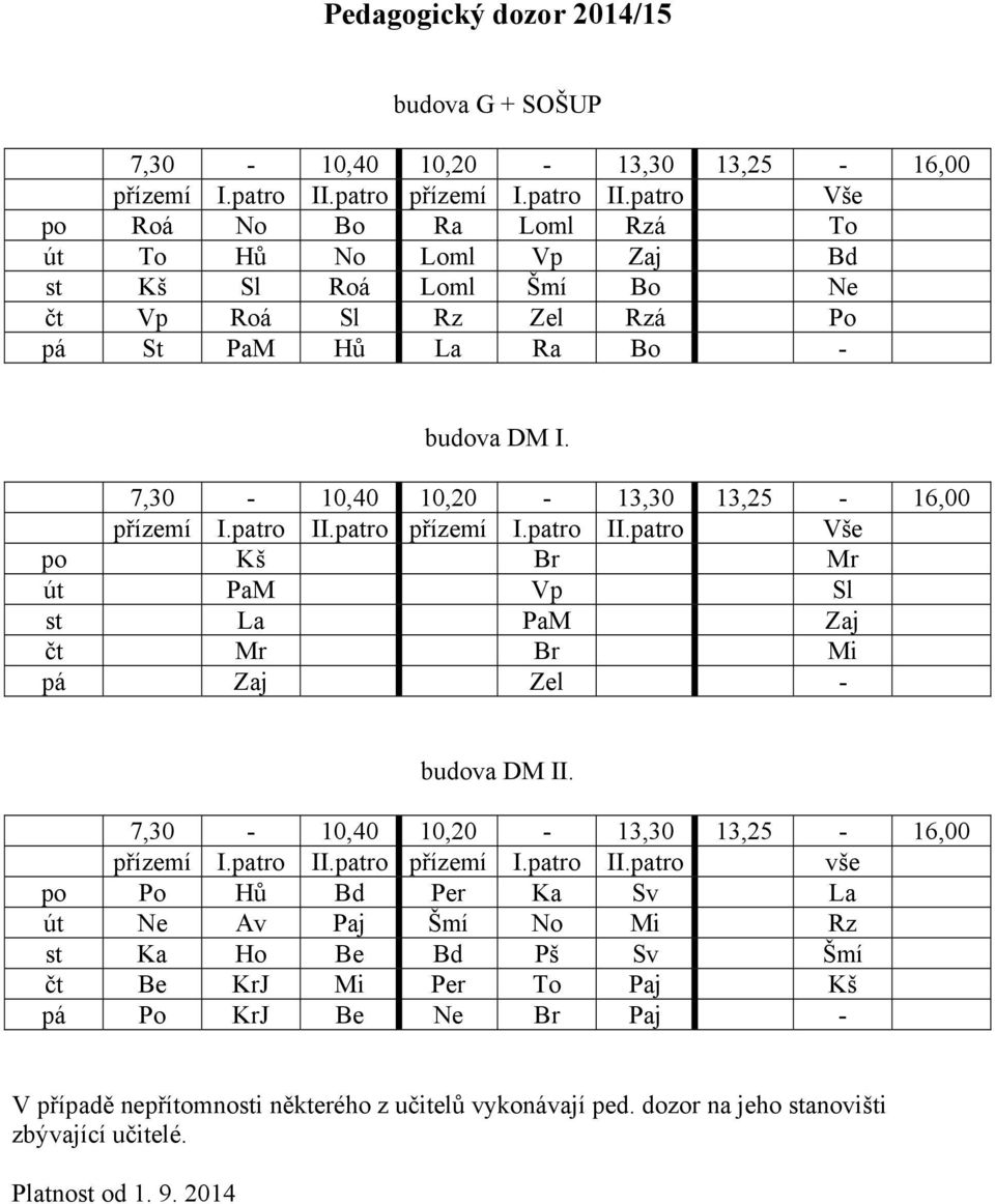 7,30-10,40 10,20-13,30 13,25-16,00 přízemí I.patro II.patro přízemí I.patro II.patro Vše po Kš Br Mr út PaM Vp Sl st La PaM Zaj čt Mr Br Mi pá Zaj Zel - budova DM II.