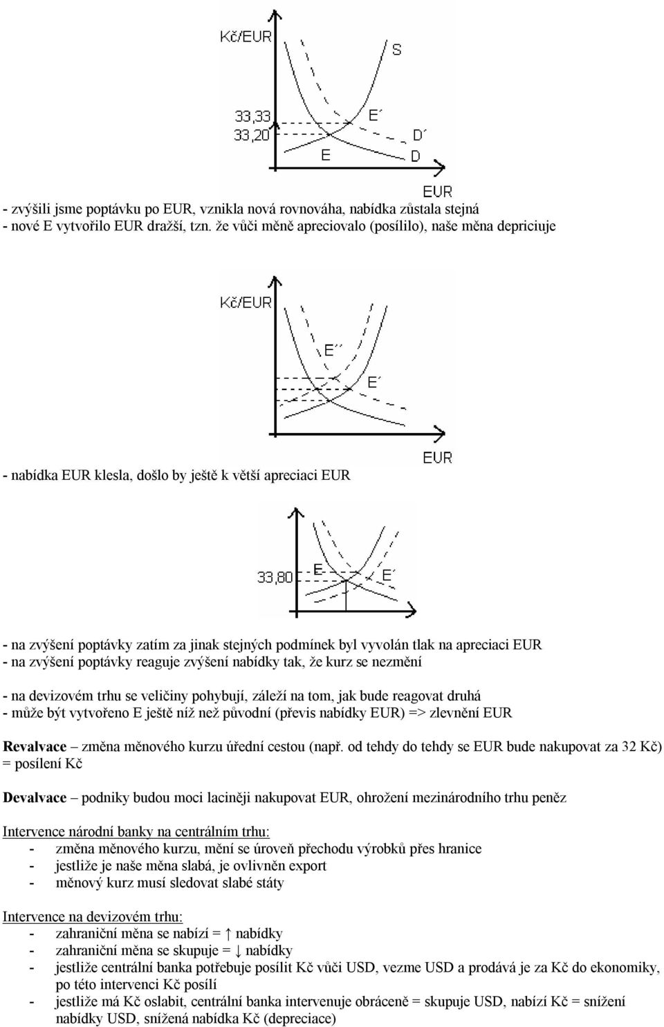 apreciaci EUR - na zvýšení poptávky reaguje zvýšení nabídky tak, že kurz se nezmění - na devizovém trhu se veličiny pohybují, záleží na tom, jak bude reagovat druhá - může být vytvořeno E ještě níž