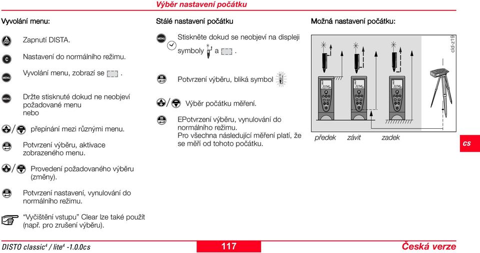 Potvrzení výběru, bliká symbol cld-z19 Držte stisknuté dokud ne neobjeví požadované menu nebo přepínání mezi různými menu. Potvrzení výběru, aktivace zobrazeného menu. Výběr počátku měření.