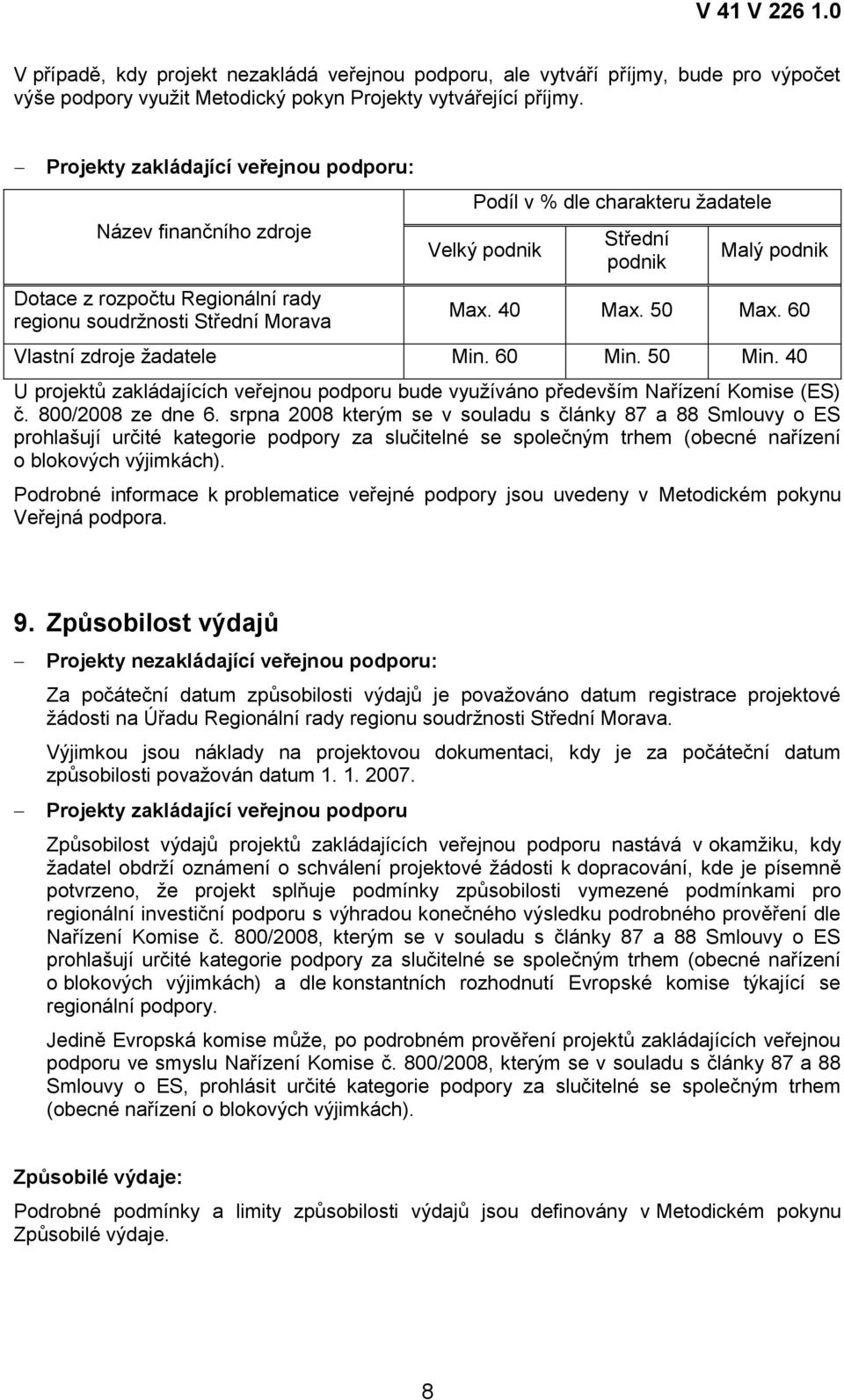 podnik Max. 40 Max. 50 Max. 60 Vlastní zdroje žadatele Min. 60 Min. 50 Min. 40 U projektů zakládajících veřejnou podporu bude využíváno především Nařízení Komise (ES) č. 800/2008 ze dne 6.