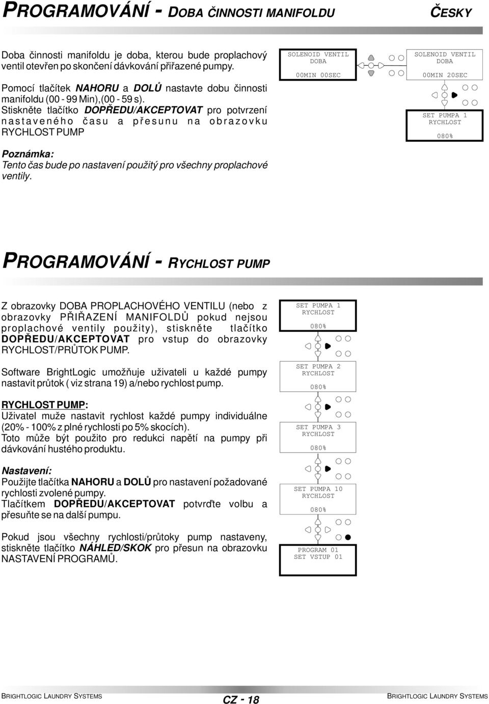 Stiskněte tlačítko DOPŘEDU/AKCEPTOVAT pro potvrzení n a s t a v e n é h o č a s u a p ř e s u n u n a o b r a z o v k u RYCHLOST PUMP Poznámka: Tento čas bude po nastavení použitý pro všechny