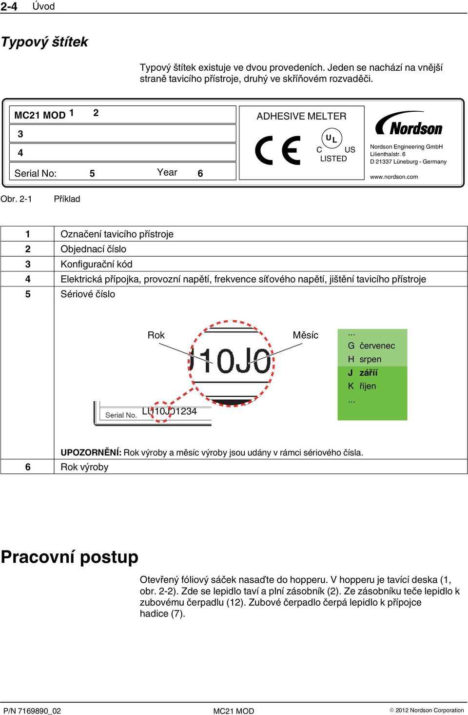 2 1 Příklad 1 Označení tavicího přístroje 2 Objednací číslo 3 Konfigurační kód 4 Elektrická přípojka, provozní napětí, frekvence síťového napětí, jištění tavicího přístroje 5 Sériové číslo Rok