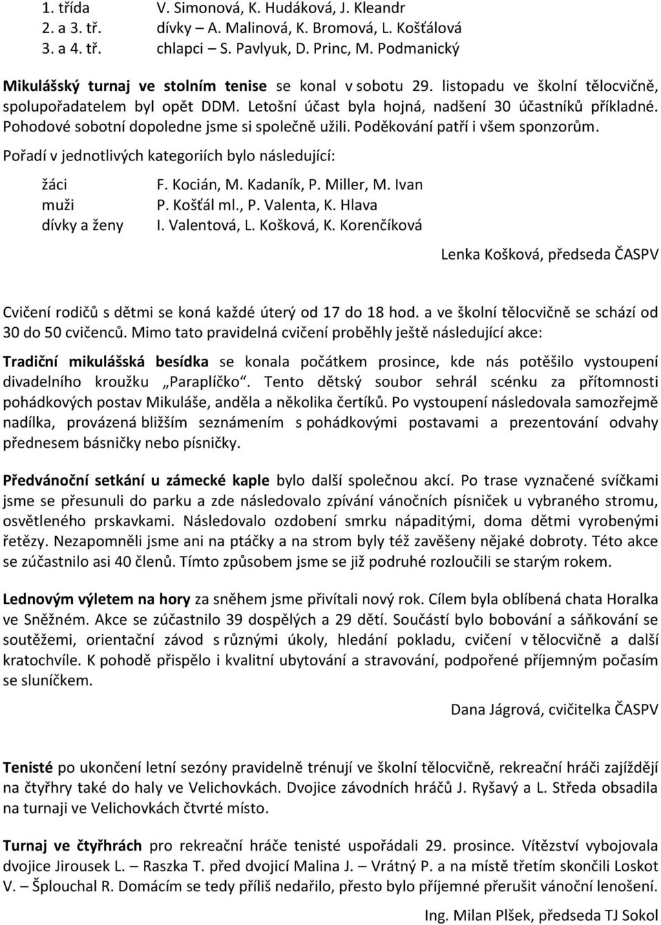 Pohodové sobotní dopoledne jsme si společně užili. Poděkování patří i všem sponzorům. Pořadí v jednotlivých kategoriích bylo následující: žáci muži dívky a ženy F. Kocián, M. Kadaník, P. Miller, M.