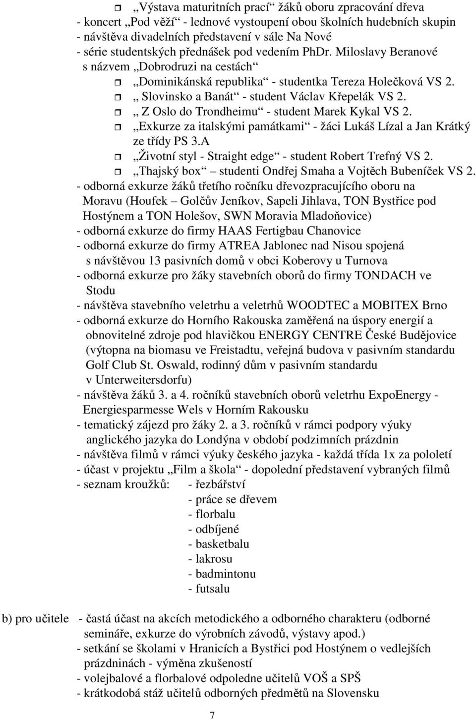 Z Oslo do Trondheimu - student Marek Kykal VS 2. Exkurze za italskými památkami - žáci Lukáš Lízal a Jan Krátký ze třídy PS 3.A Životní styl - Straight edge - student Robert Trefný VS 2.