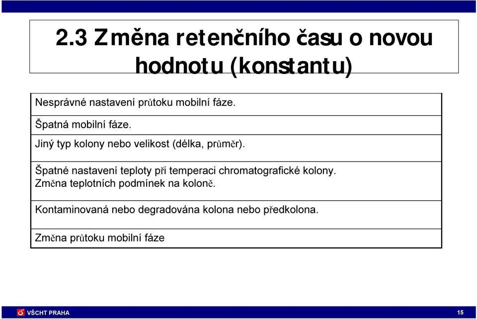 Špatné nastavení teploty při temperaci chromatografické kolony.