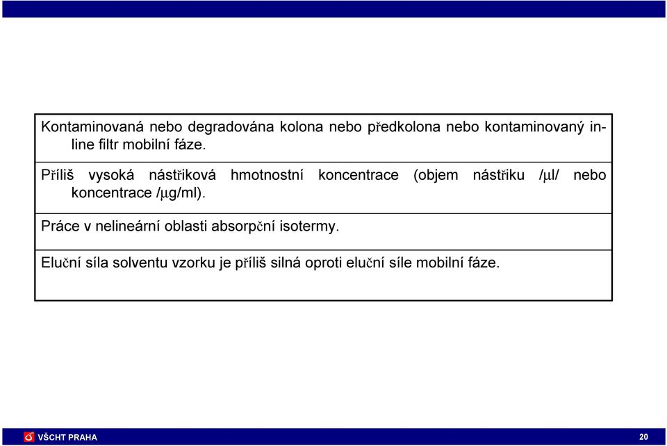 Příliš vysoká nástřiková hmotnostní koncentrace (objem nástřiku /µl/ nebo