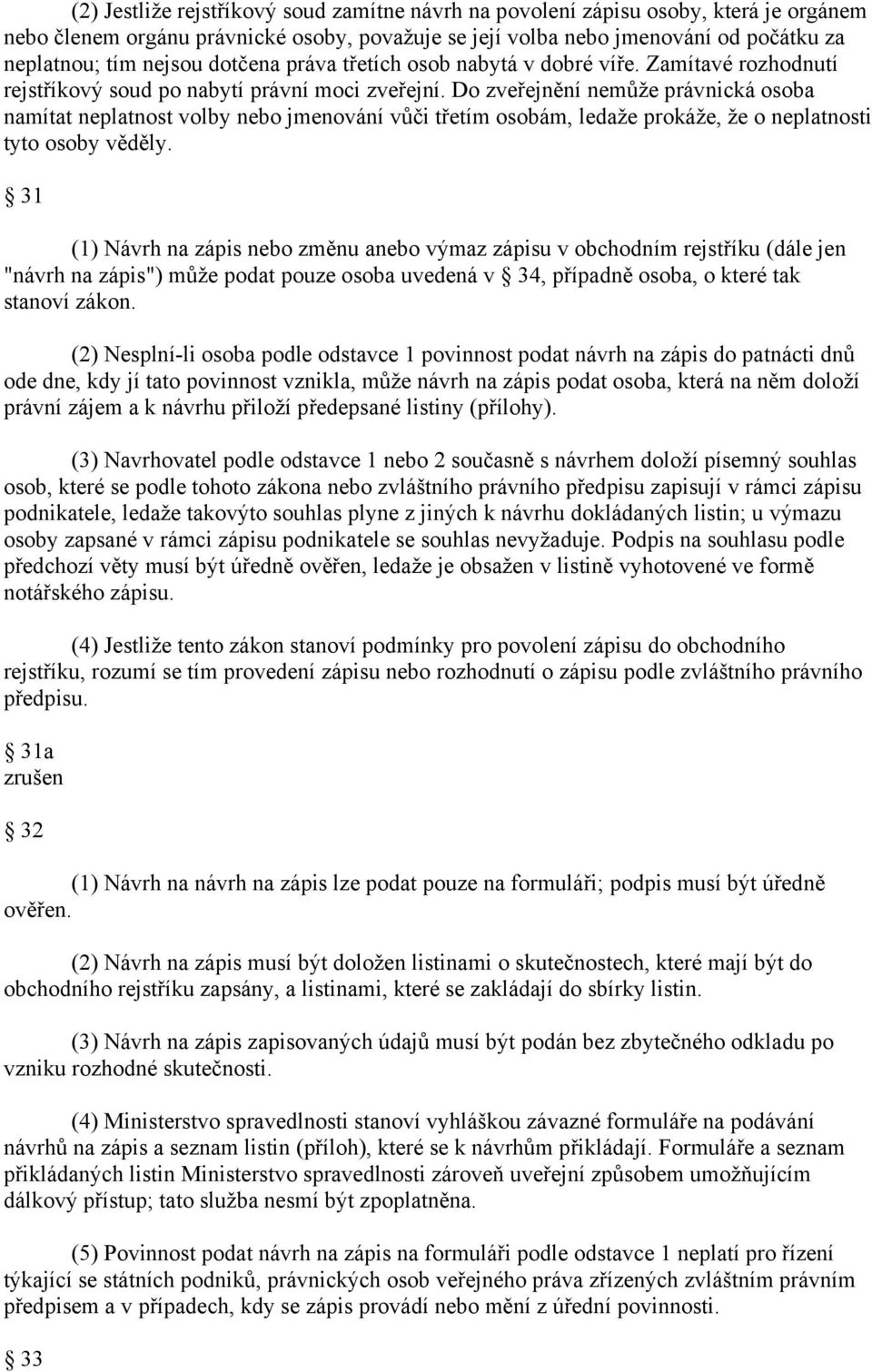 Do zveřejnění nemůže právnická osoba namítat neplatnost volby nebo jmenování vůči třetím osobám, ledaže prokáže, že o neplatnosti tyto osoby věděly.