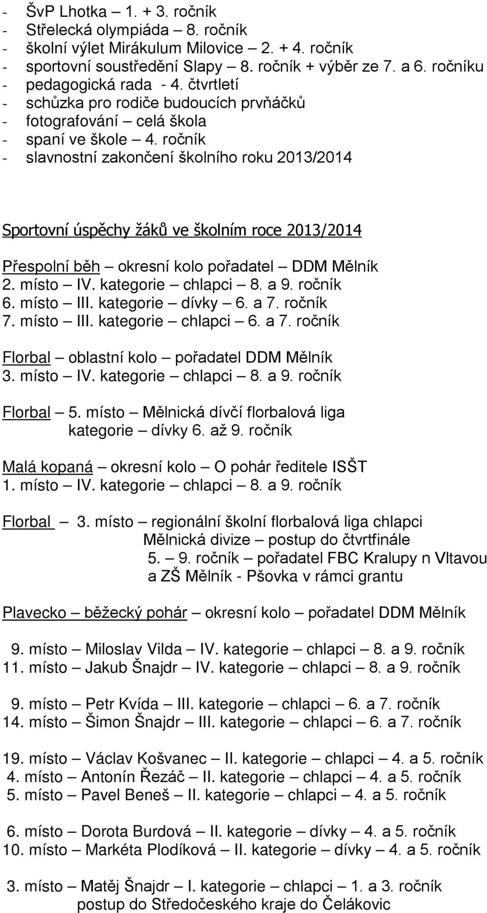 ročník - slavnostní zakončení školního roku 2013/2014 Sportovní úspěchy žáků ve školním roce 2013/2014 Přespolní běh okresní kolo pořadatel DDM Mělník 2. místo IV. kategorie chlapci 8. a 9. ročník 6.