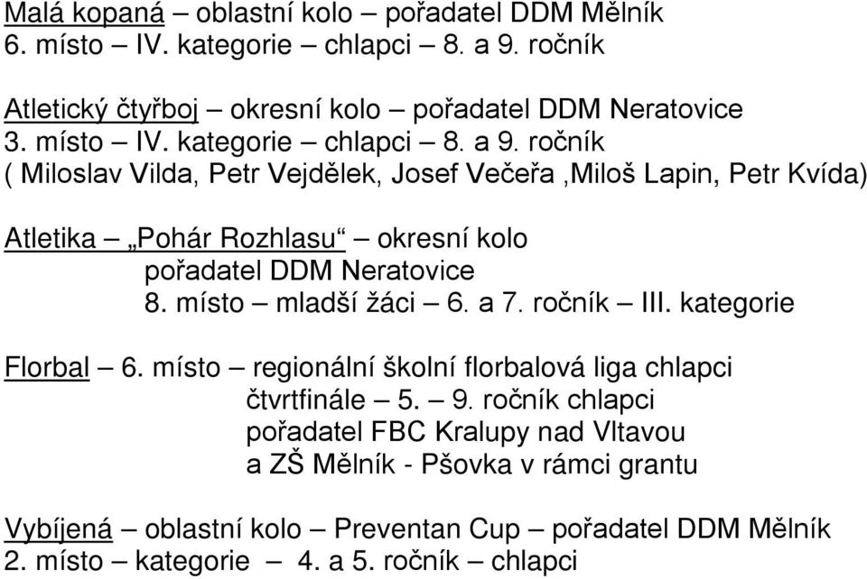 ročník ( Miloslav Vilda, Petr Vejdělek, Josef Večeřa,Miloš Lapin, Petr Kvída) Atletika Pohár Rozhlasu okresní kolo pořadatel DDM Neratovice 8.